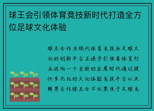 球王会引领体育竞技新时代打造全方位足球文化体验